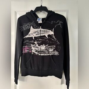 Guy Harvey Bluewater Black Zip Hoodie Marlin Fishing Graphic Women’s Medium